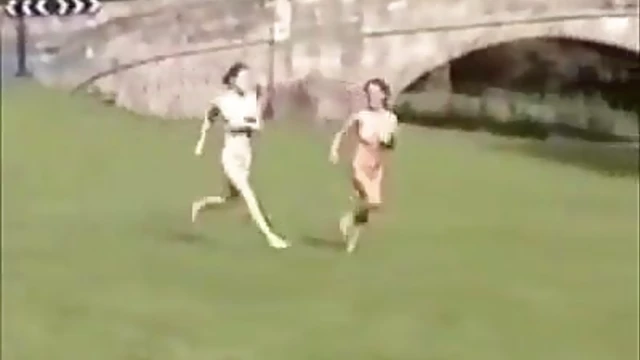 Blonde Beauties Bare Naked Sprint Through Public Park