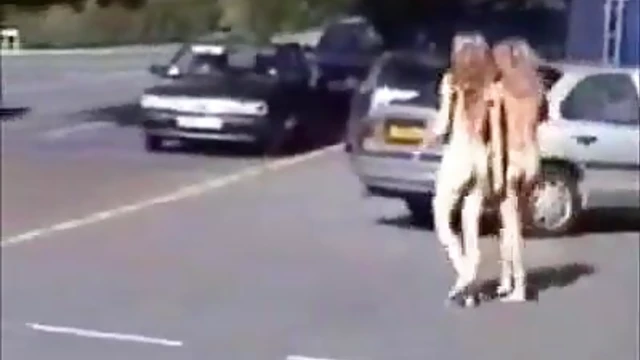 Blonde Beauties Bare Naked Sprint Through Public Park
