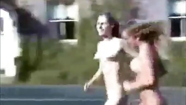 Blonde Beauties Bare Naked Sprint Through Public Park