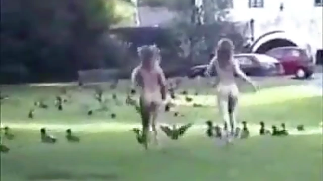 Blonde Beauties Bare Naked Sprint Through Public Park