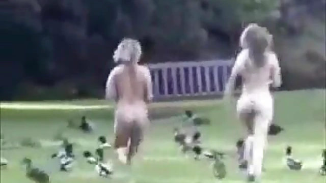 Blonde Beauties Bare Naked Sprint Through Public Park