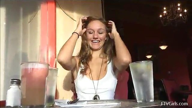 Teen Flirts While Playing With Soft Tits at Busy Cafe