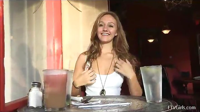 Teen Flirts While Playing With Soft Tits at Busy Cafe