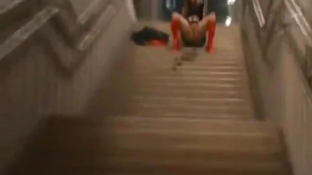 German Slut Pisses on Staircase Near Train Station Publicly