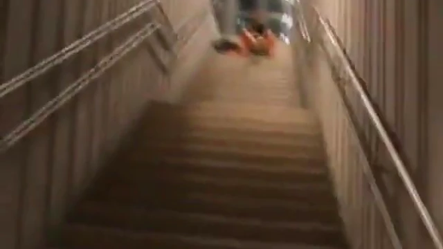 German Slut Pisses on Staircase Near Train Station Publicly