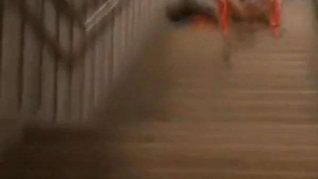 German Slut Pisses on Staircase Near Train Station Publicly