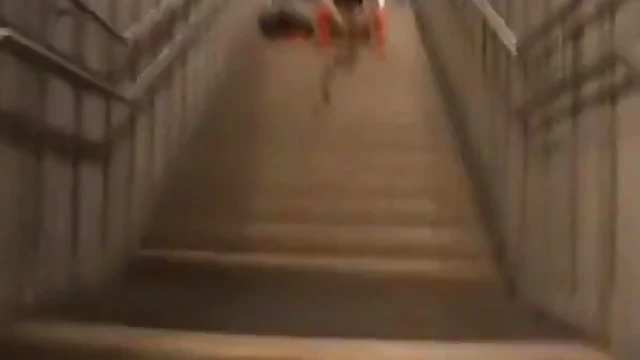 German Slut Pisses on Staircase Near Train Station Publicly
