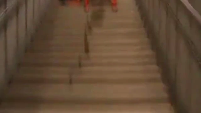 German Slut Pisses on Staircase Near Train Station Publicly