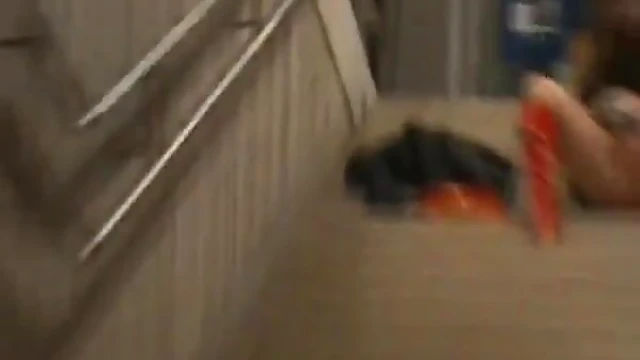 German Slut Pisses on Staircase Near Train Station Publicly