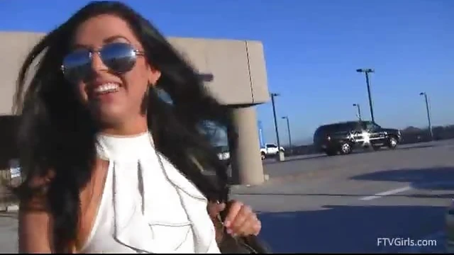 Sexy Brunette Madeline Flashes Her Natural Boobs in Public Places