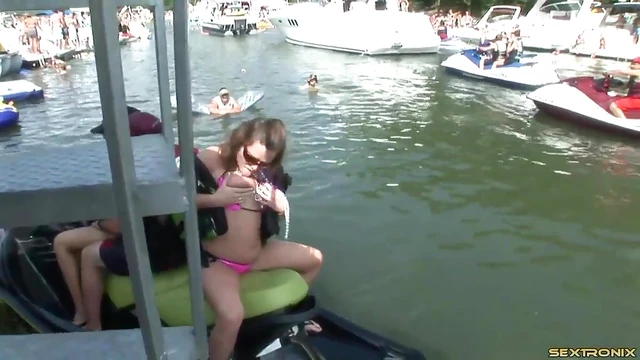 Sexy Party Girls Flash Tits Collecting Beads at Festive Gathering