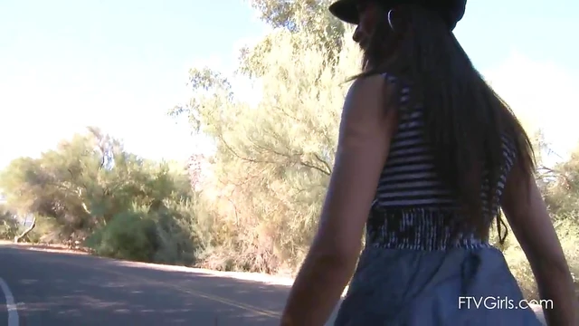 Seductive Brunette Flashes Tits & Ass While Strolling Down Road Seductively