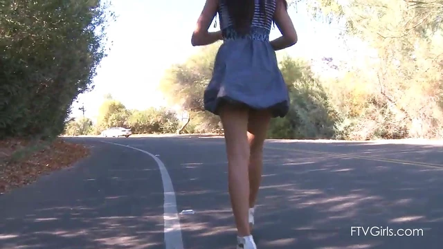 Seductive Brunette Flashes Tits & Ass While Strolling Down Road Seductively