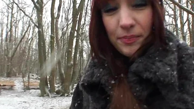 Redhead Gets Cock Sucked Outdoors in Winter Days POV Action