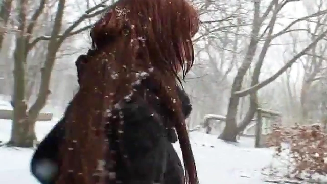 Redhead Gets Cock Sucked Outdoors in Winter Days POV Action