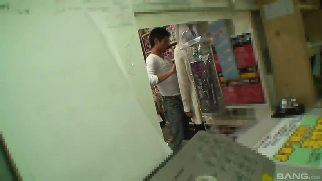 Sneaky Hot Asian Girlfriend Gives Blowjob Behind Store Shelves