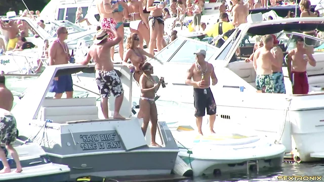 Excited Topless Dancers Get Beads From Horny Crowd's Hands