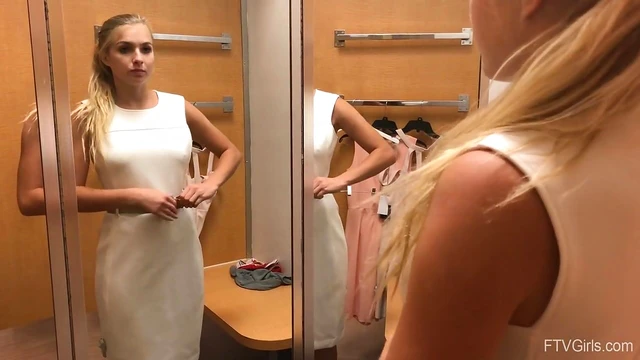 Blonde Teen Angelina Strips Teasingly Alone in Public Changing Room