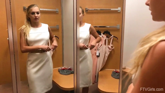 Blonde Teen Angelina Strips Teasingly Alone in Public Changing Room