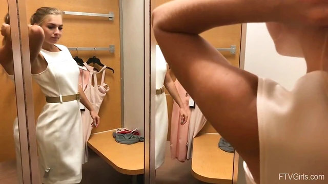 Blonde Teen Angelina Strips Teasingly Alone in Public Changing Room