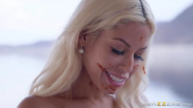 Bridgette B Gets Sprayed with Cum After Dinner by Two Studs