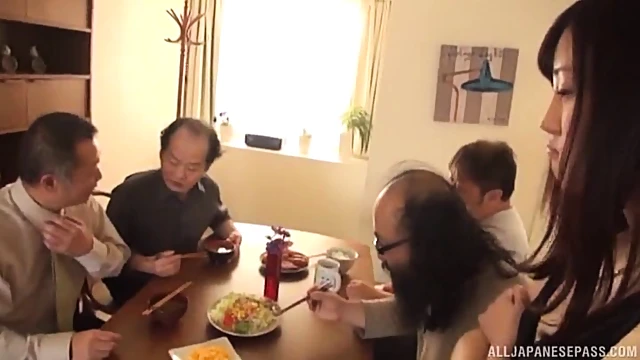 Japanese Cutie Gets Tasted & Fingered By Dirty Old Men After Breakfast