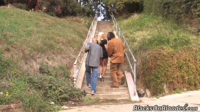 Sensual Blonde with Large Silicone Breasts Enjoying Dual Black Cock Action