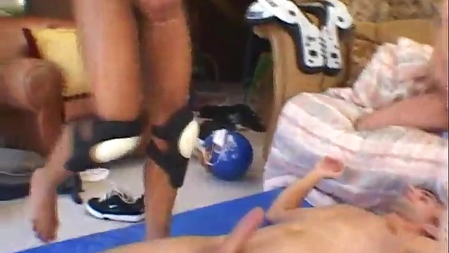 Hot Football Squad Takes Turns Pleasuring a Curvy Ebony Virgin