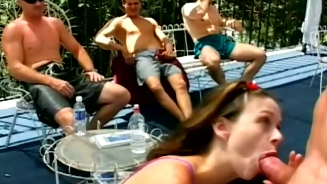 Skimpy Brunette Slut Takes Three Wildly Talented Studs in Hot Action